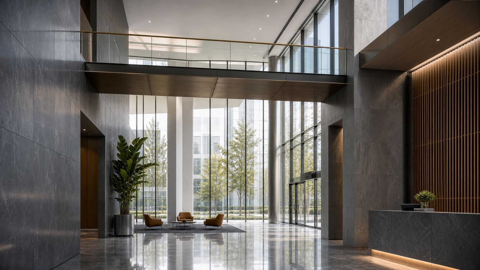 Commercial lobby beneath a bridging upper walkway