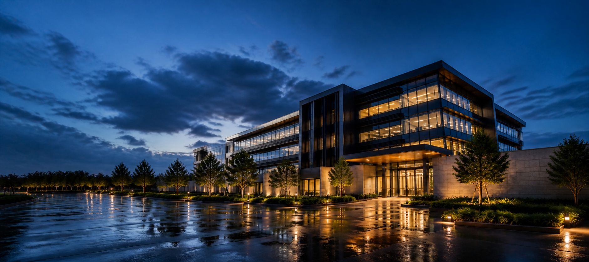 Commercial office building lit at dusk, seen from its entrance forecourt
