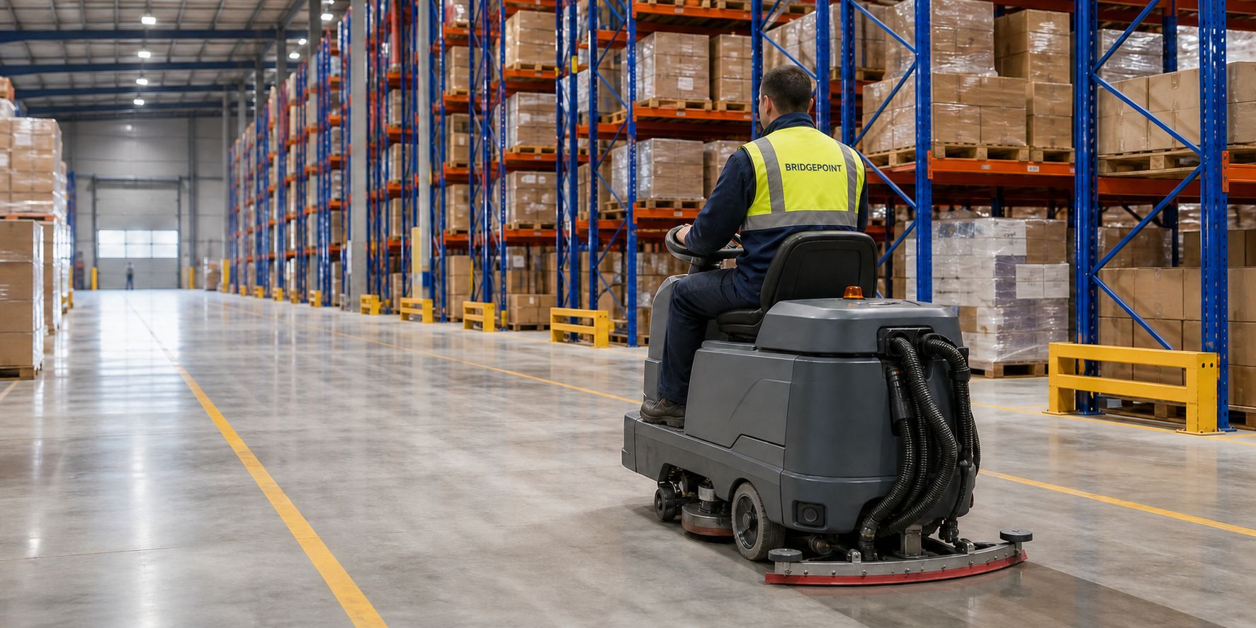 Worker operating a ride-on floor scrubber in a warehouse
