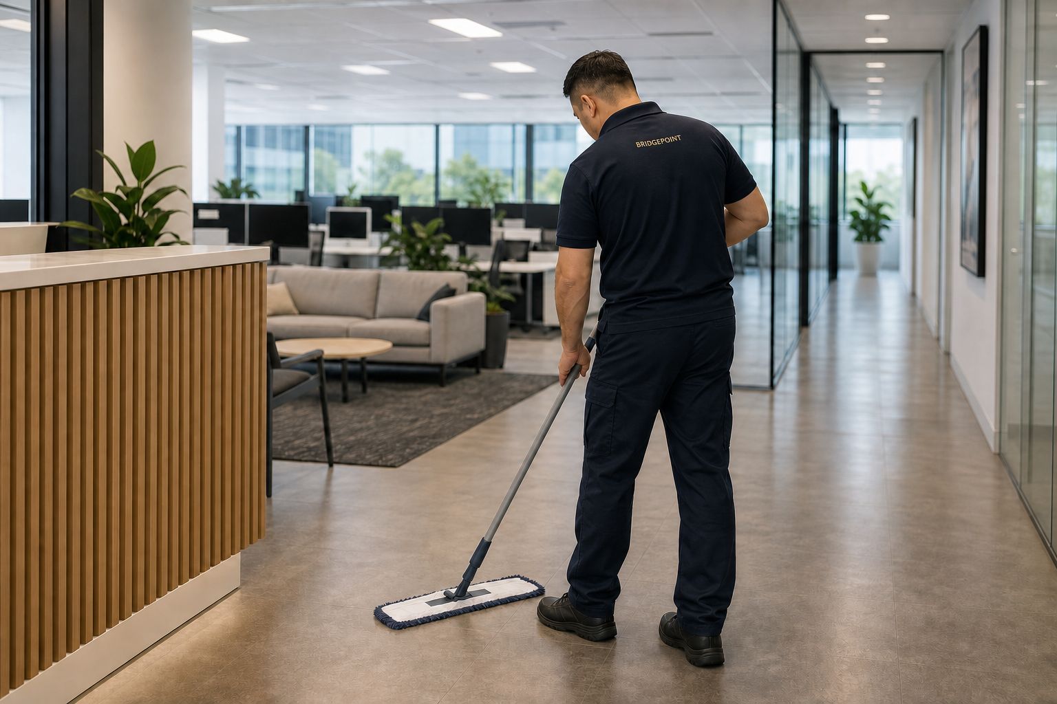 Cleaner mopping a contemporary office reception area