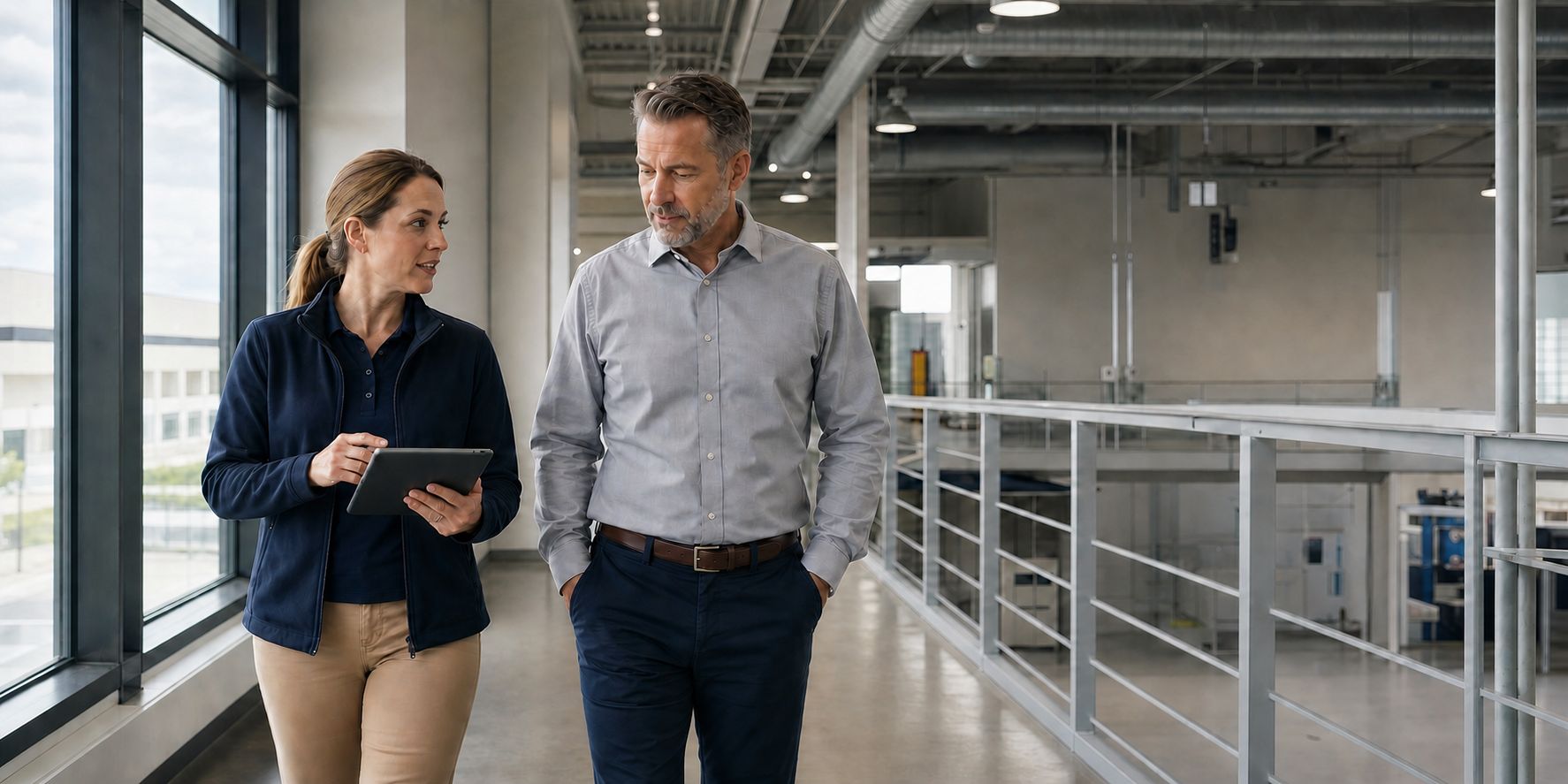 Two professionals reviewing facility requirements during a site walkthrough