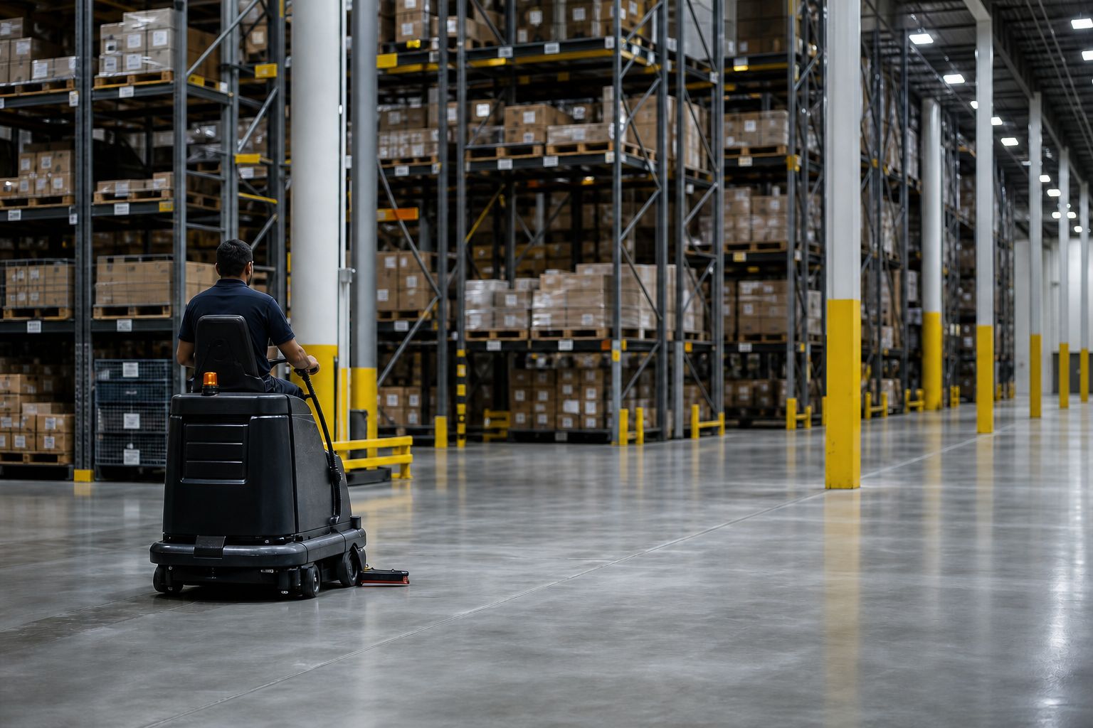 Ride-on scrubber cleaning a warehouse floor