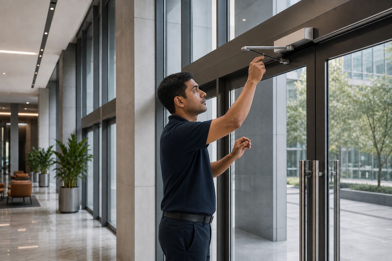 Technician inspecting a door closer