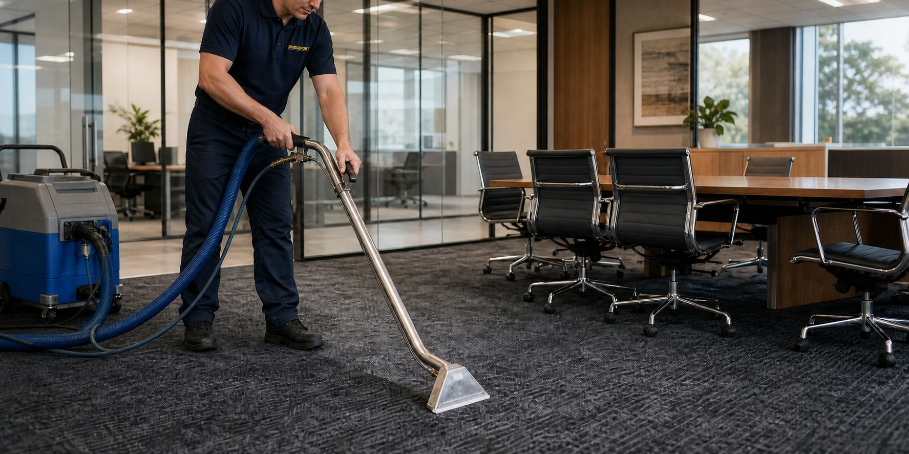 Technician carrying out carpet extraction in a commercial meeting room
