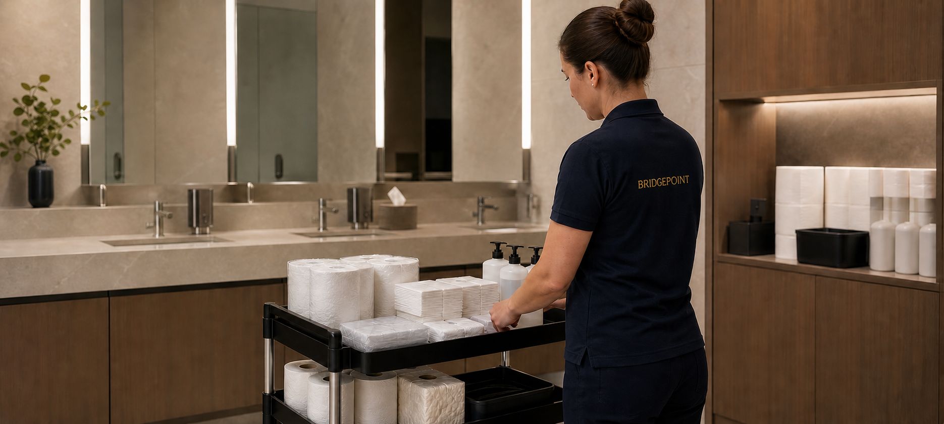 Worker restocking washroom consumables from a service trolley