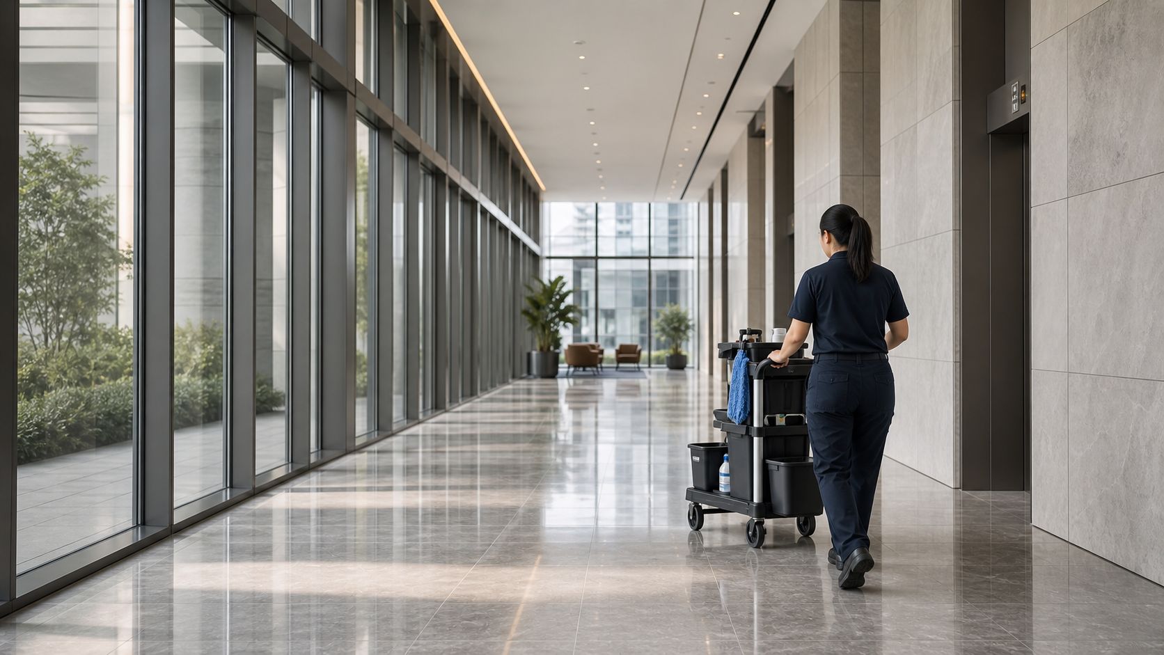 Corporate corridor with a cleaning trolley