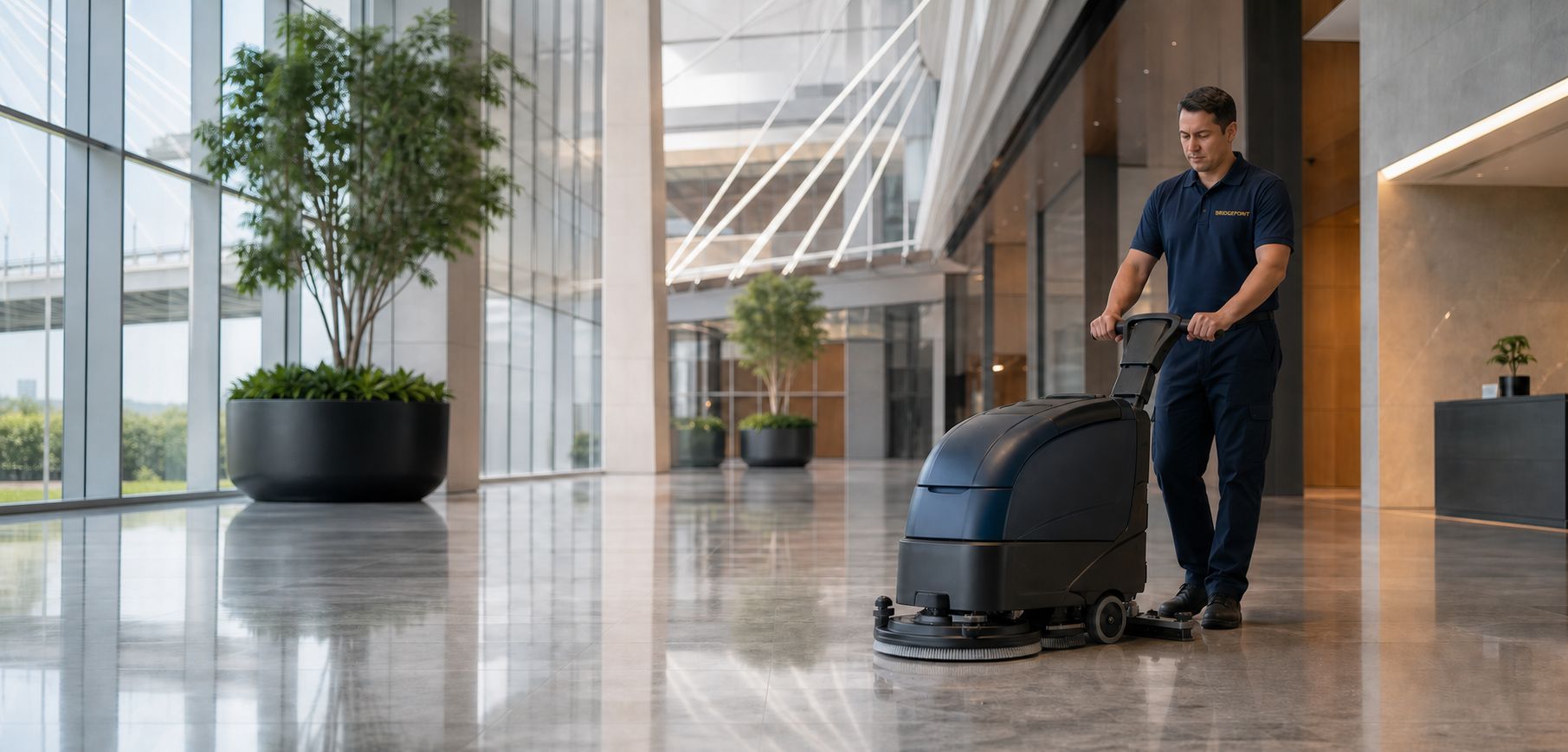 Facility services worker operating a floor scrubber in a modern commercial atrium